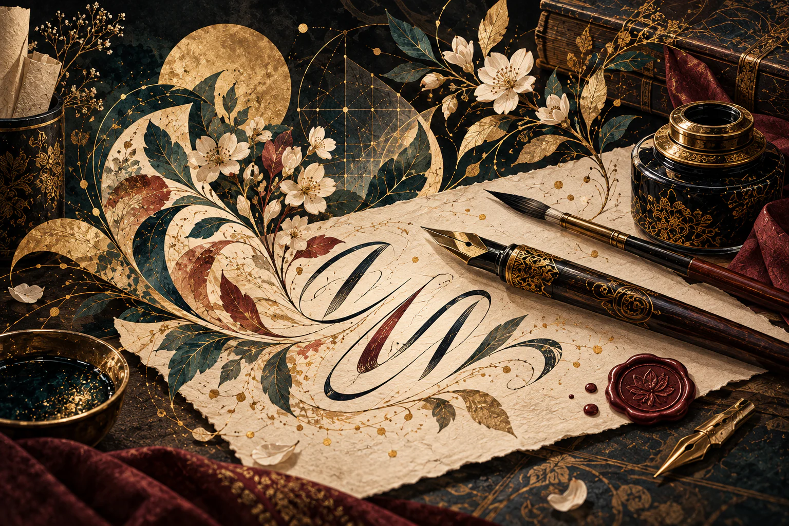 Artistic calligraphy tools with an ornate nib, brush, ink and graceful flourishes