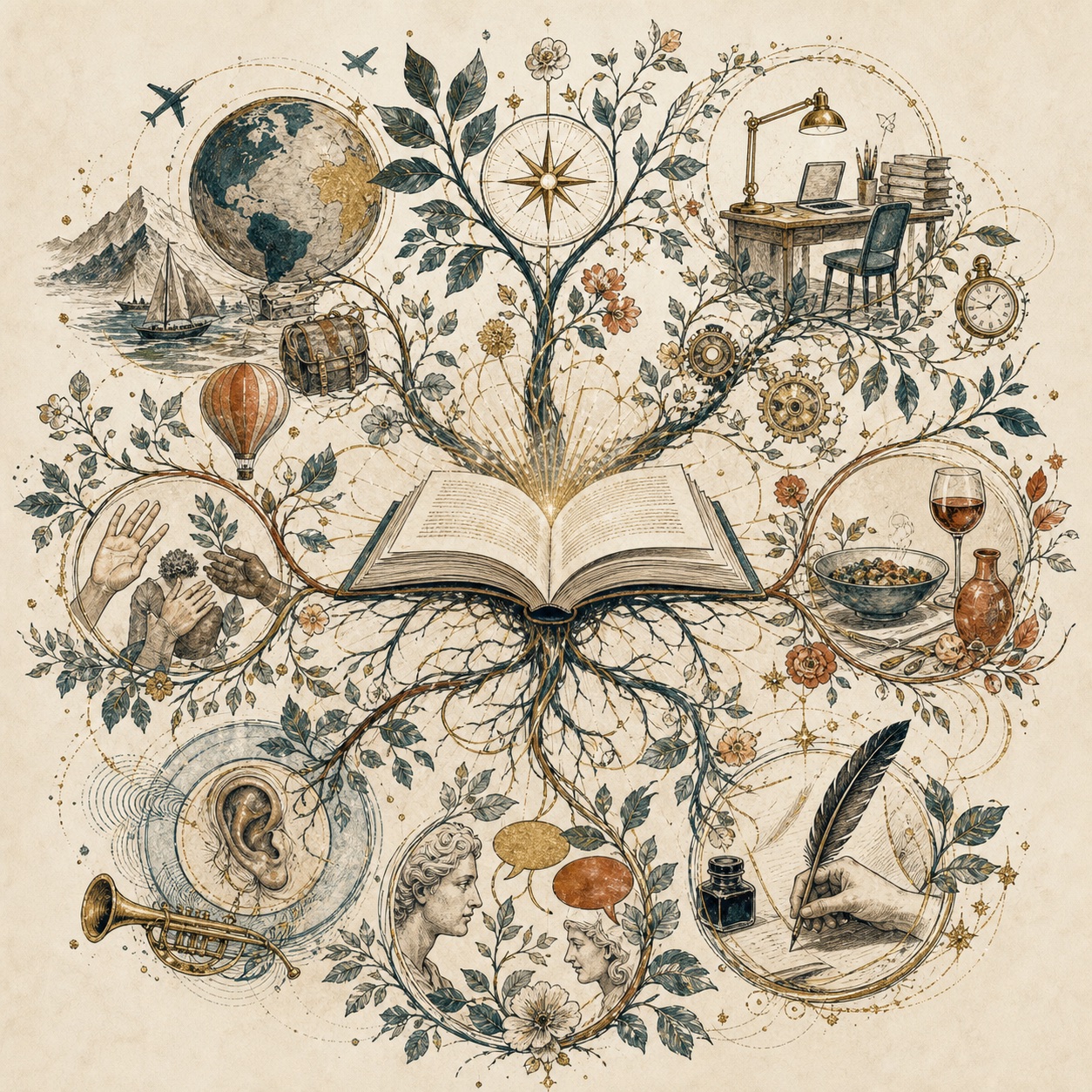 An illustrated knowledge garden growing from an open book, showing how connected topics strengthen memory