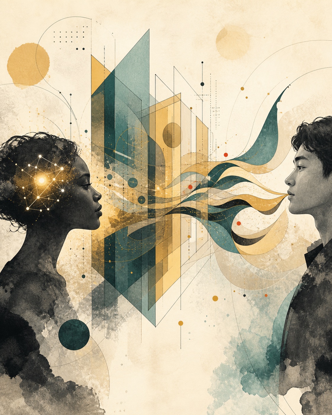 An artistic visualization of an original thought passing through meaning, vocabulary and grammar to become confident speech